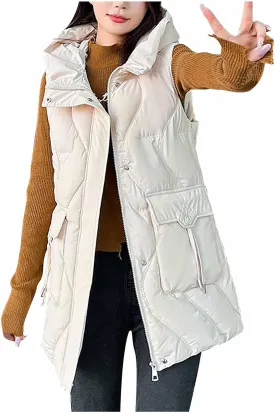Women's Tunic Puffer Vest Insulated Hooded Sleeveless Quilted Jackets Winter Outwear Warm Gilet Coats with Pockets