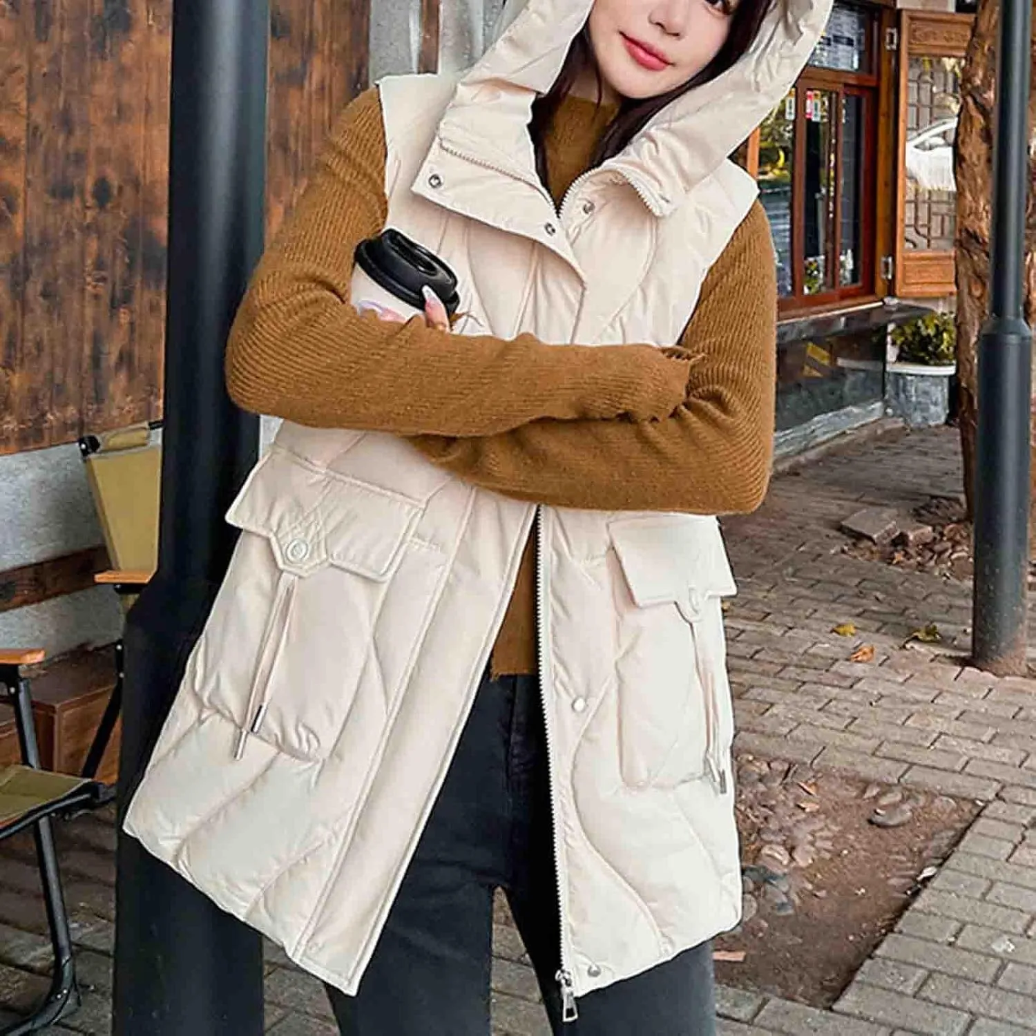 Women's Tunic Puffer Vest Insulated Hooded Sleeveless Quilted Jackets Winter Outwear Warm Gilet Coats with Pockets