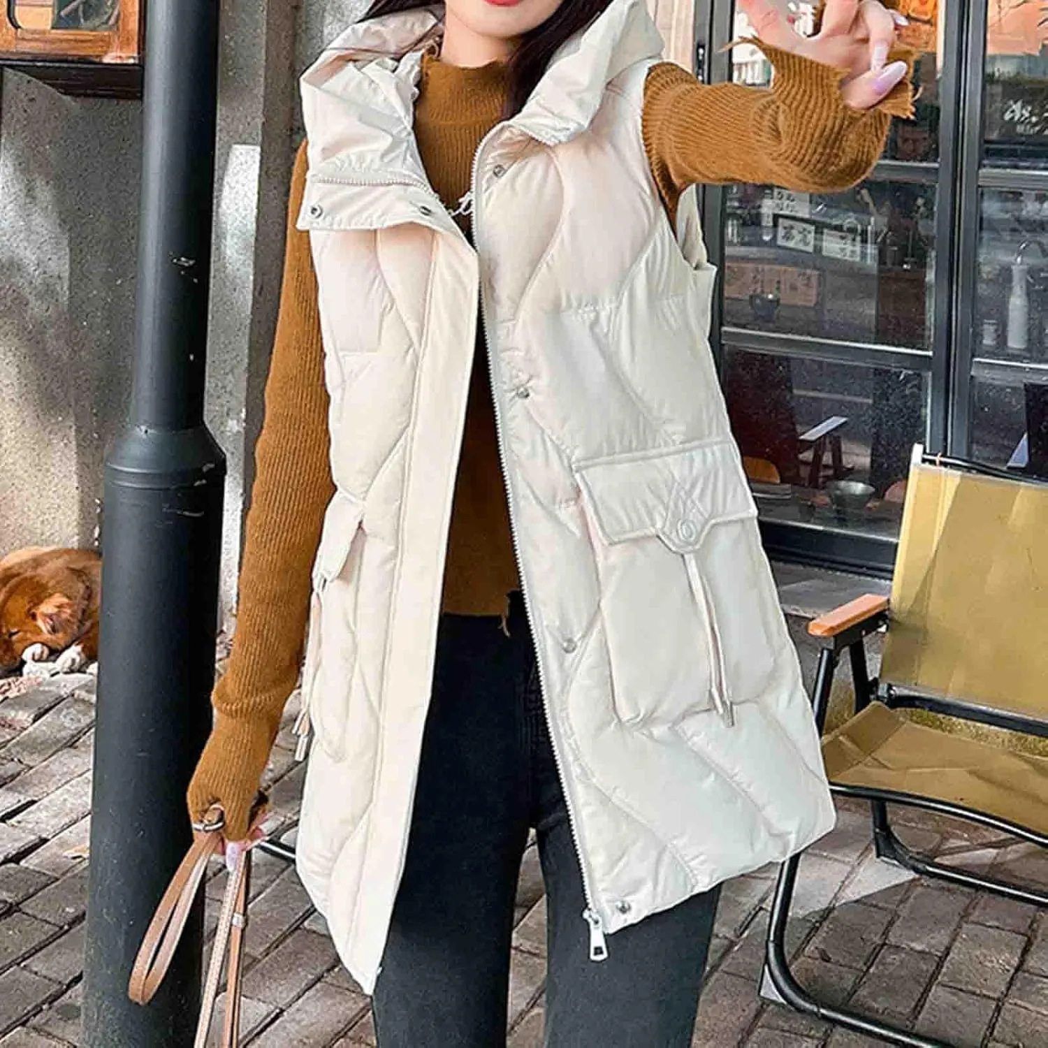 Women's Tunic Puffer Vest Insulated Hooded Sleeveless Quilted Jackets Winter Outwear Warm Gilet Coats with Pockets