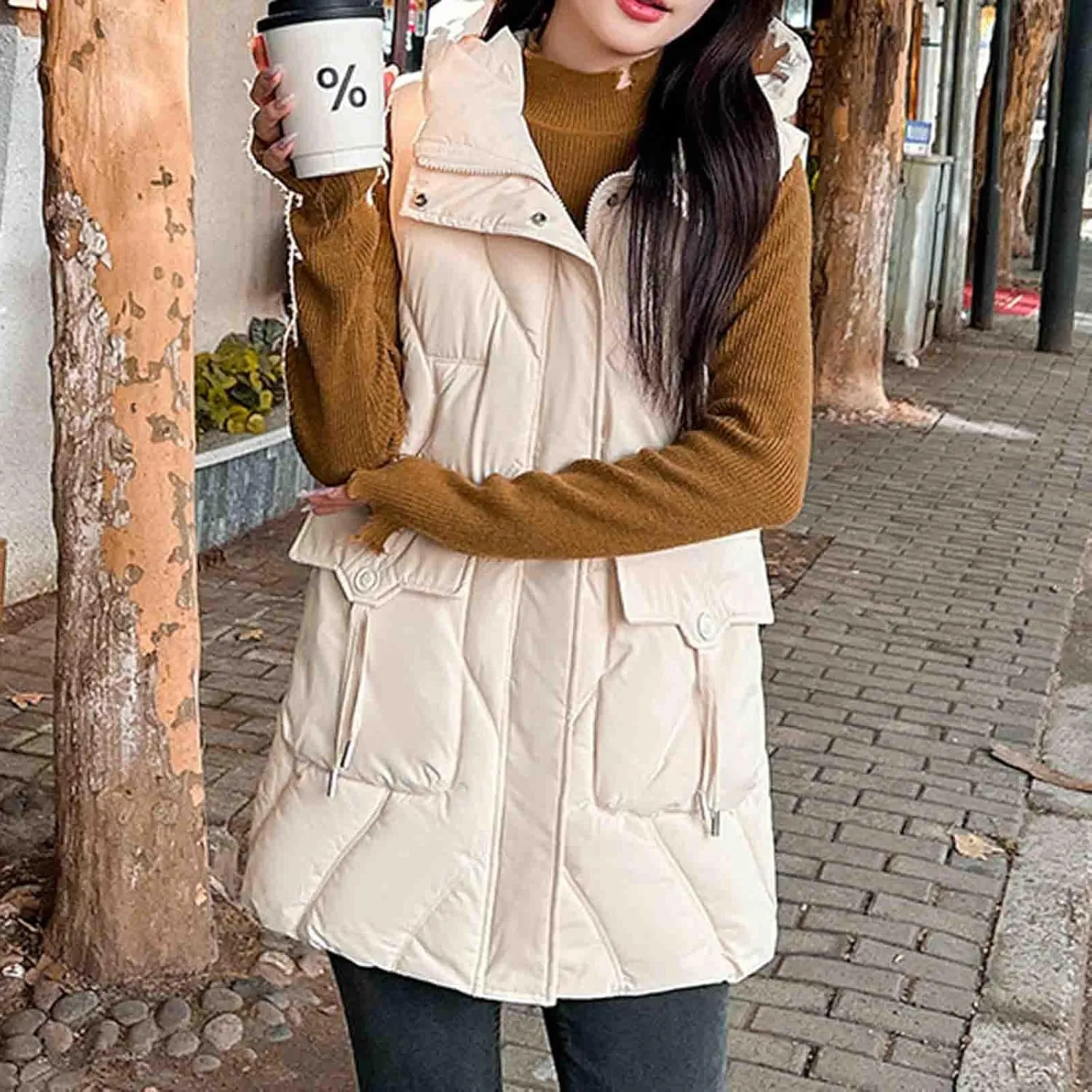 Women's Tunic Puffer Vest Insulated Hooded Sleeveless Quilted Jackets Winter Outwear Warm Gilet Coats with Pockets