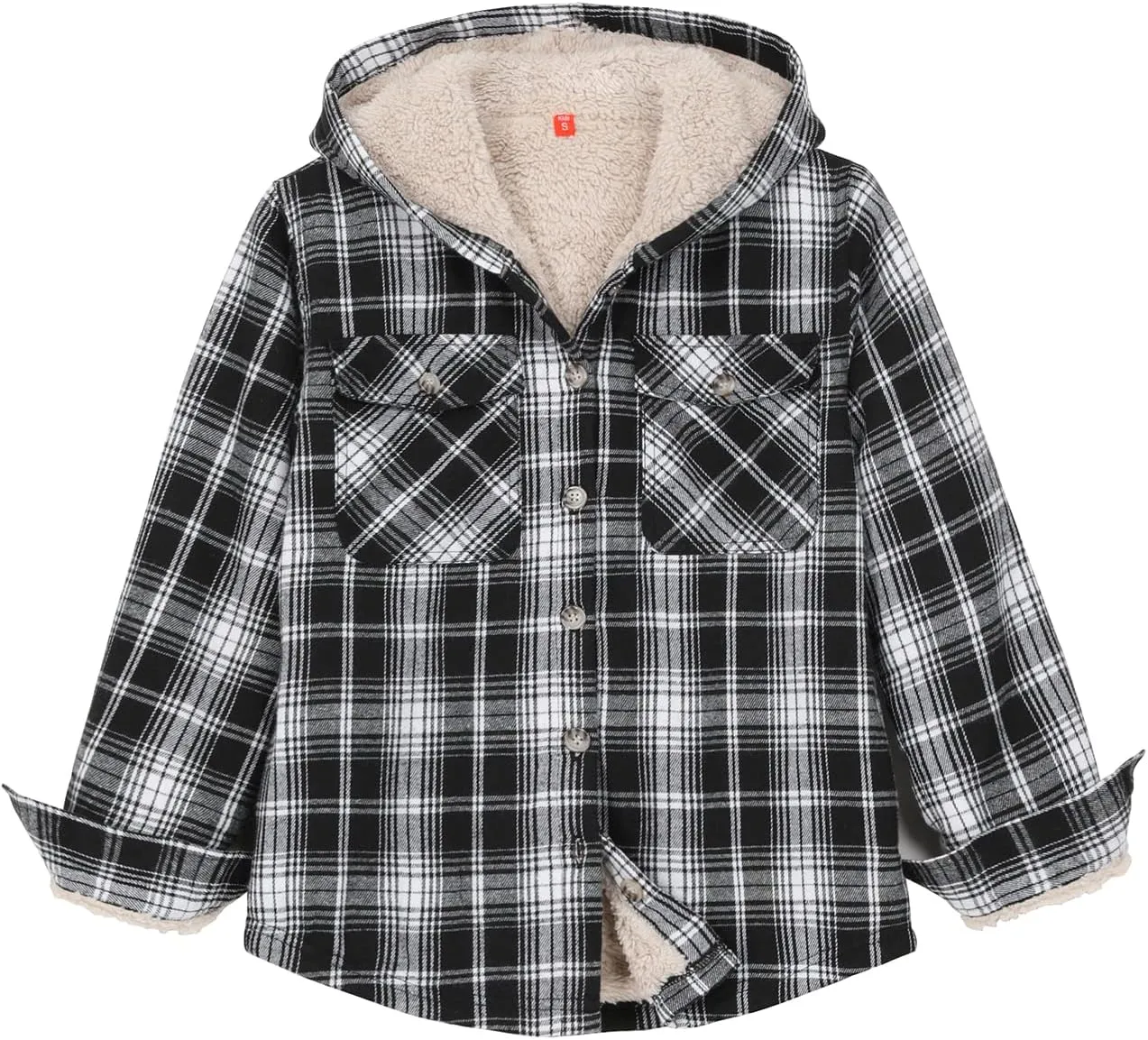 ZENTHACE Boys Sherpa Fleece Lined Flannel Plaid Button Down Shirt Jacket,Hooded Flannel Shirt with Hand Pockets