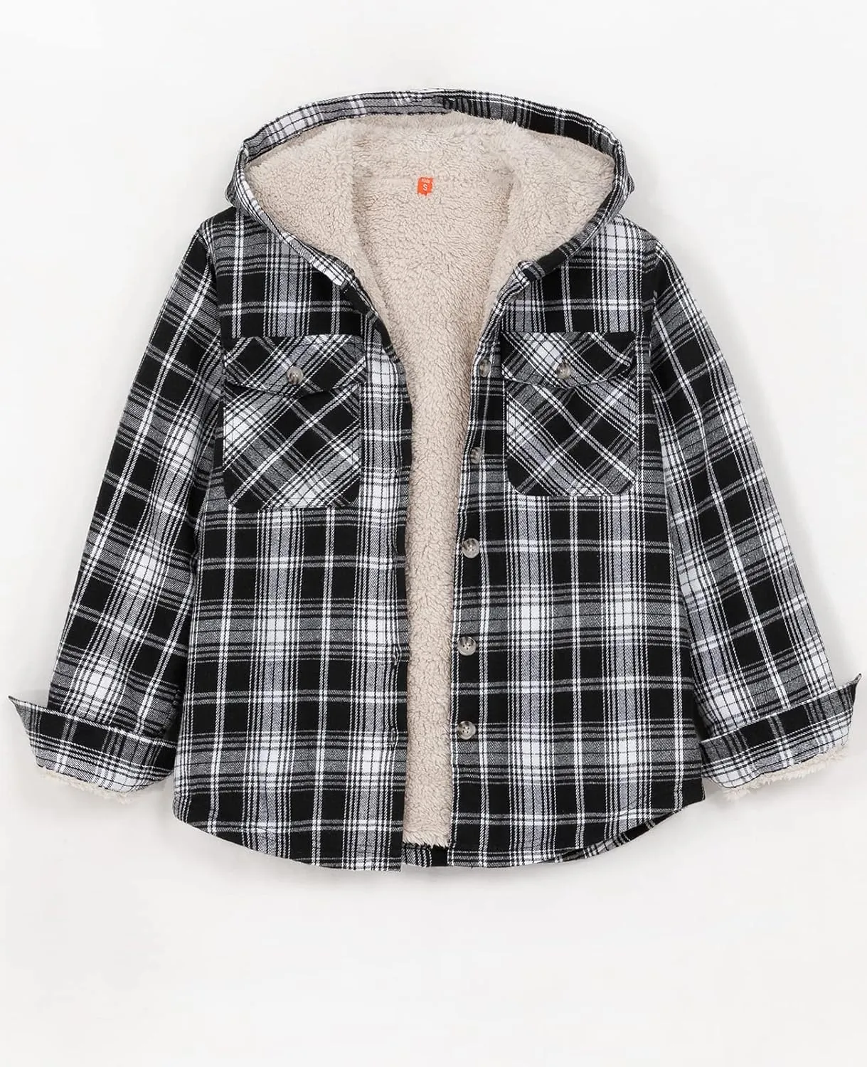 ZENTHACE Boys Sherpa Fleece Lined Flannel Plaid Button Down Shirt Jacket,Hooded Flannel Shirt with Hand Pockets