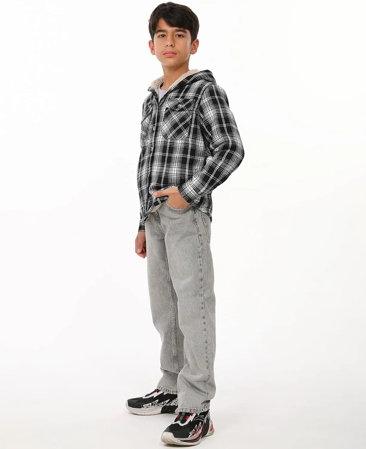ZENTHACE Boys Sherpa Fleece Lined Flannel Plaid Button Down Shirt Jacket,Hooded Flannel Shirt with Hand Pockets