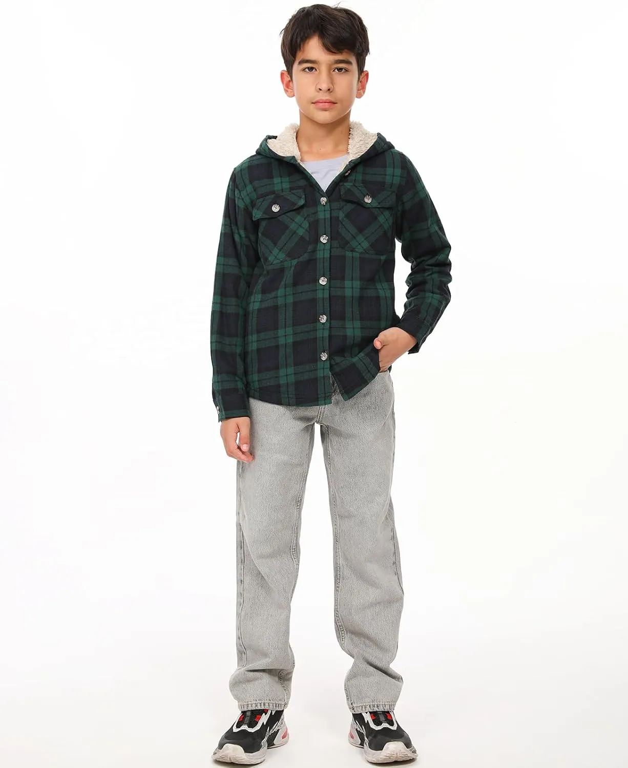 ZENTHACE Boys Sherpa Fleece Lined Flannel Plaid Button Down Shirt Jacket,Hooded Flannel Shirt with Hand Pockets
