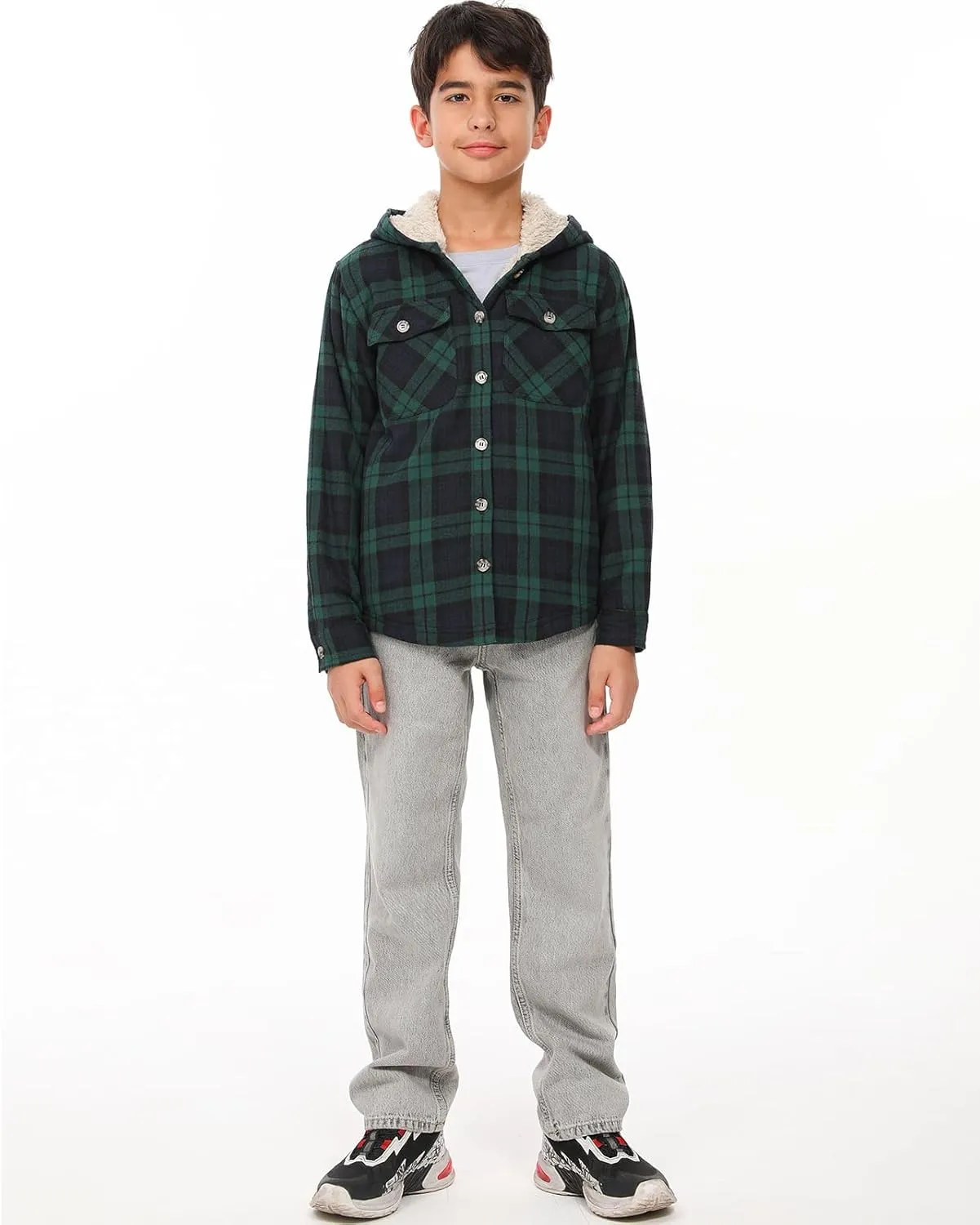 ZENTHACE Boys Sherpa Fleece Lined Flannel Plaid Button Down Shirt Jacket,Hooded Flannel Shirt with Hand Pockets