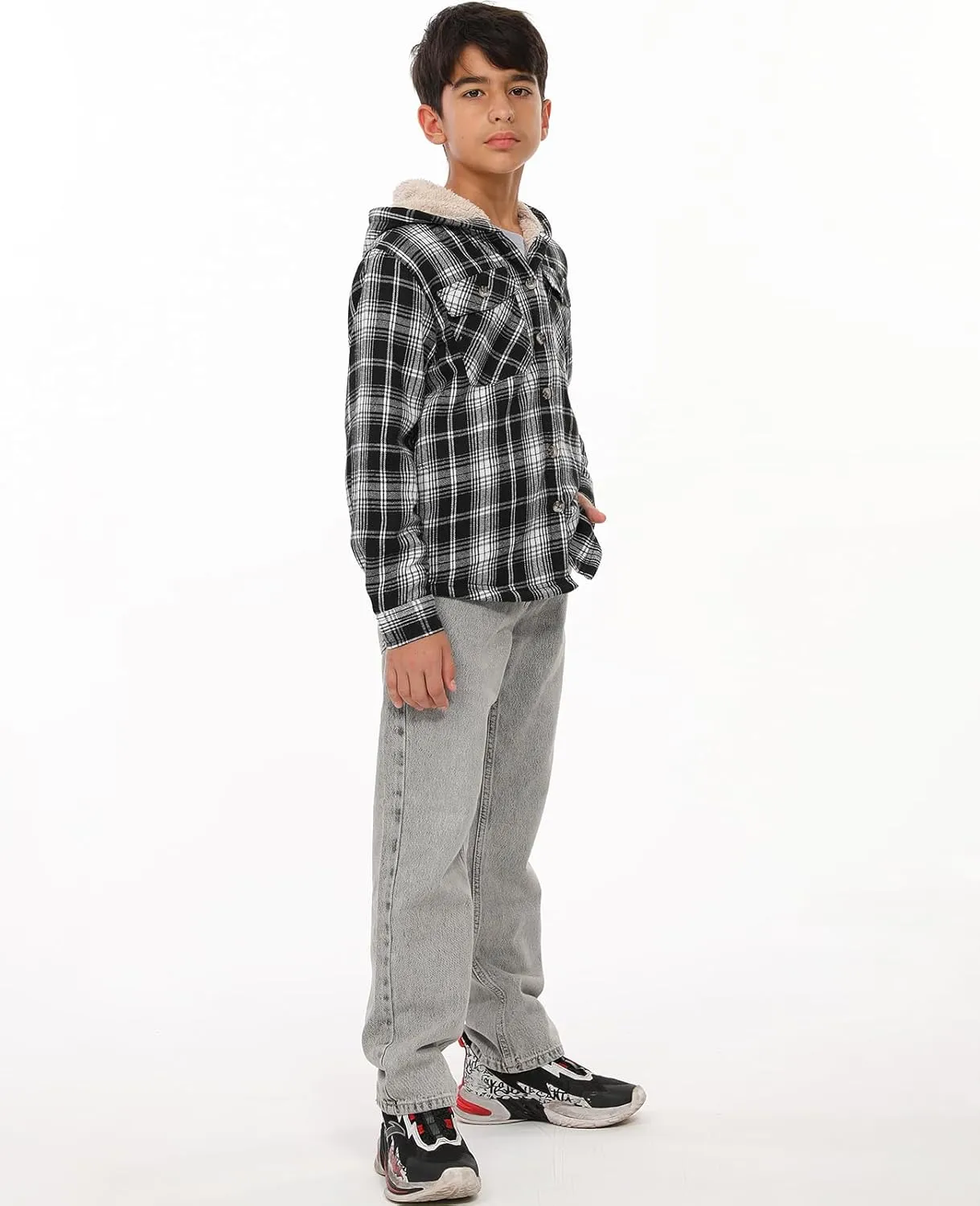 ZENTHACE Boys Sherpa Fleece Lined Flannel Plaid Button Down Shirt Jacket,Hooded Flannel Shirt with Hand Pockets
