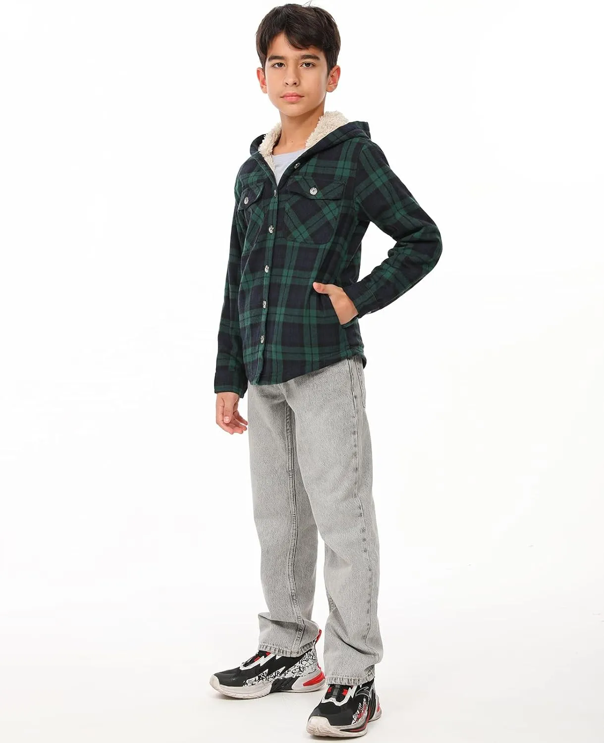 ZENTHACE Boys Sherpa Fleece Lined Flannel Plaid Button Down Shirt Jacket,Hooded Flannel Shirt with Hand Pockets